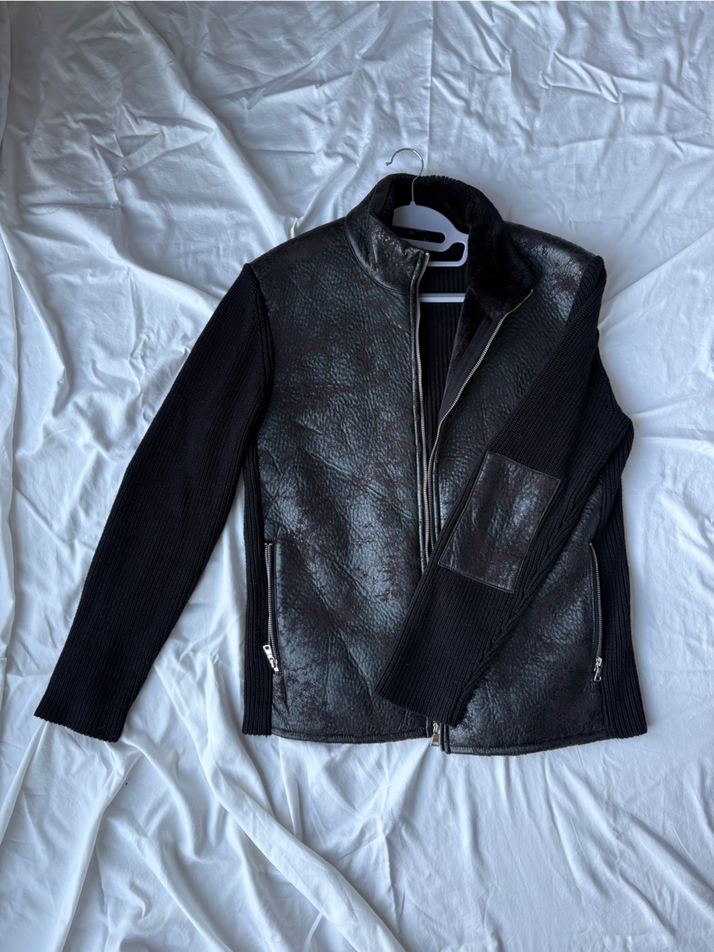 Black Leather & Knit Zip Jacket